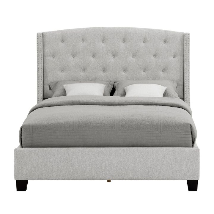 Elle Queen Size Bed, Tufted Wingback Headboard, Dove Gray Upholstery