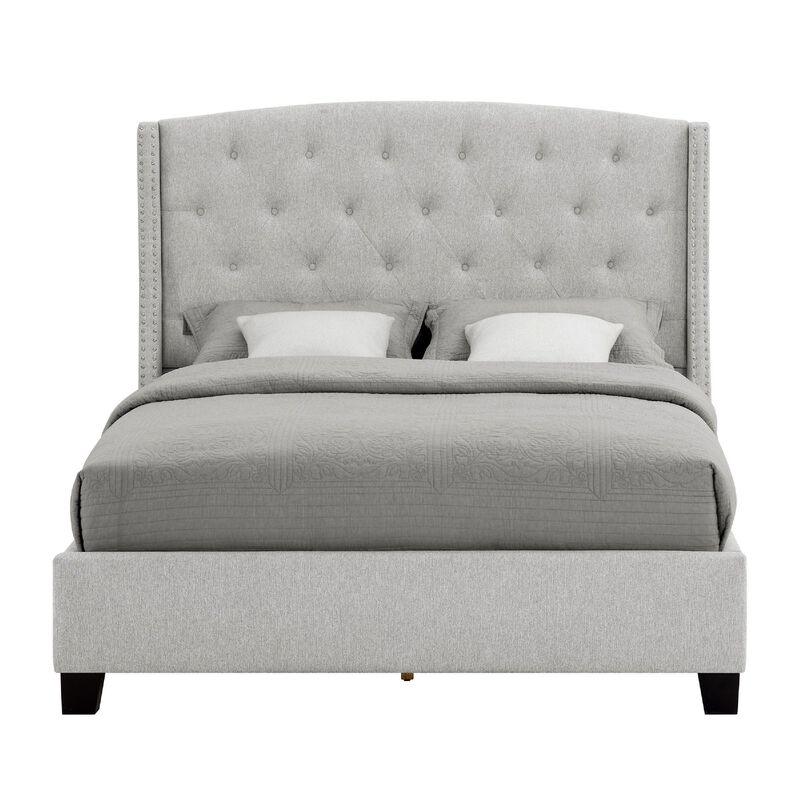 Elle Queen Size Bed, Tufted Wingback Headboard, Dove Gray Upholstery