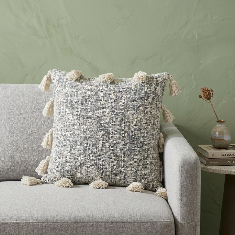 HomeRoots 18" Gray and White Striped Cotton Throw Pillow With Tassels image number 1
