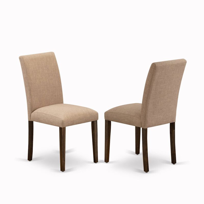 East West Furniture Set of 2 Parsons Chairs - Light Sable Linen Fabric Seat and High Back - Distressed Jacobean Finish