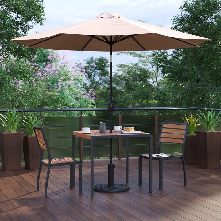 Flash Furniture Lark 5 Piece Patio Table Set - 2 Synthetic Stackable Faux Teak Chairs - 35" Square Faux Teak Table - Tan Umbrella with Base
