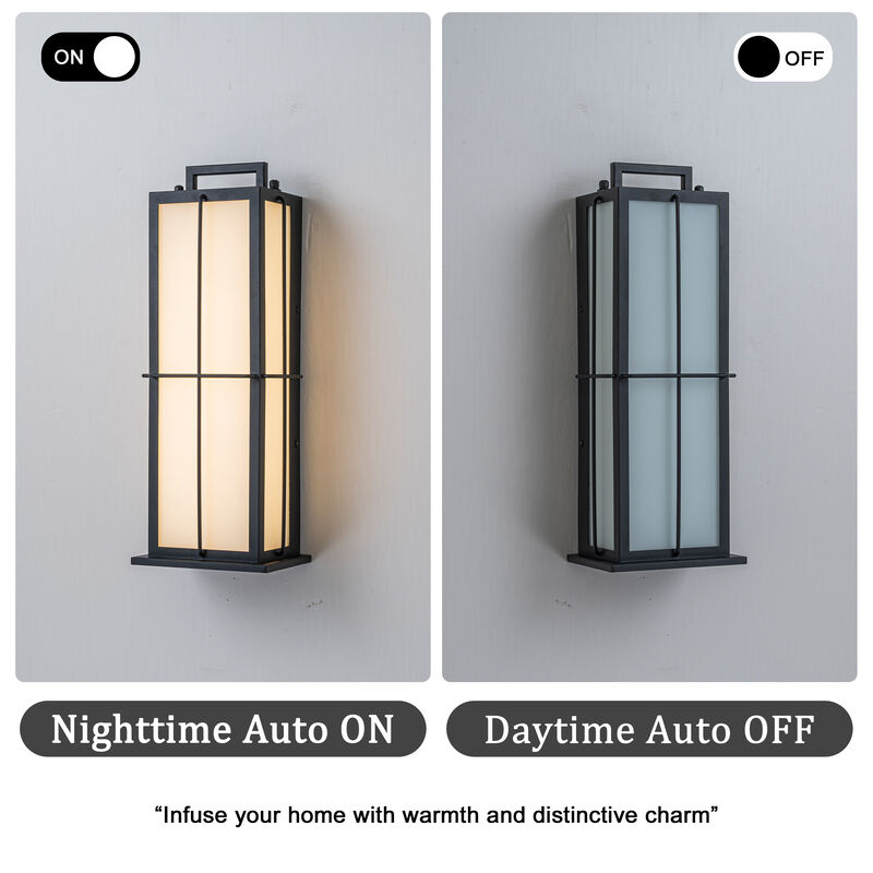 H16 Inch Modern Outdoor Wall Lantern with Dusk-to-Dawn Sensor Integrated 16W LED Light Frosted Panels and Black Metal Exterior Sconce for Porch Garage Entryway image number 4