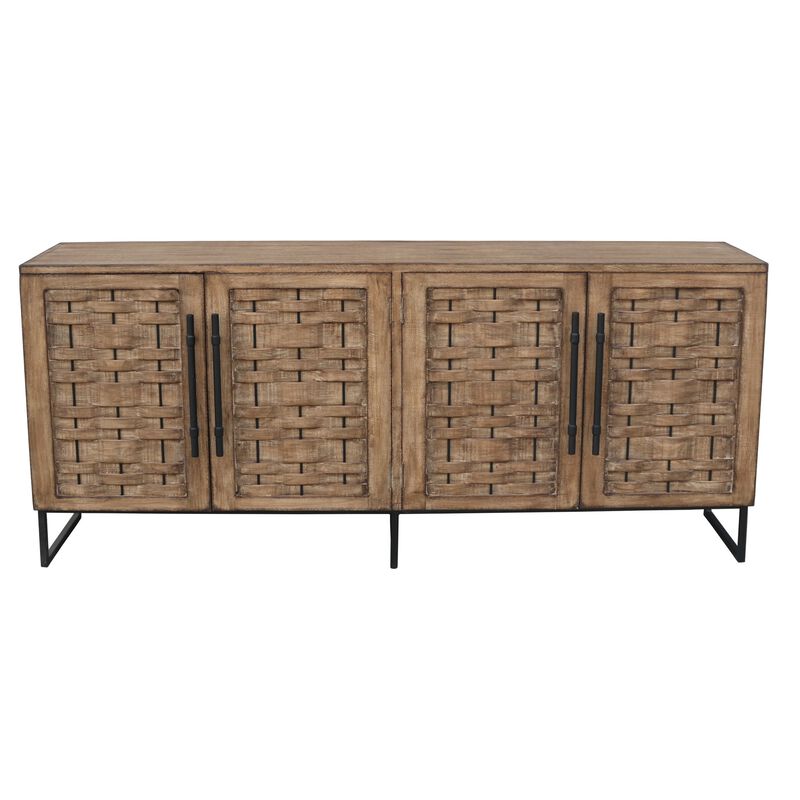 Osin Sideboard Buffet Cabinet, 4 Door, 83 Inch Antique Brown Pine Wood