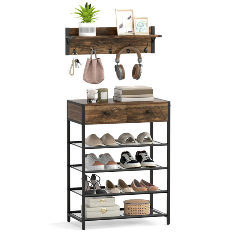 Set 5-Tier Shoe Rack with Wall-Mounted Coat Hanger For Entryway