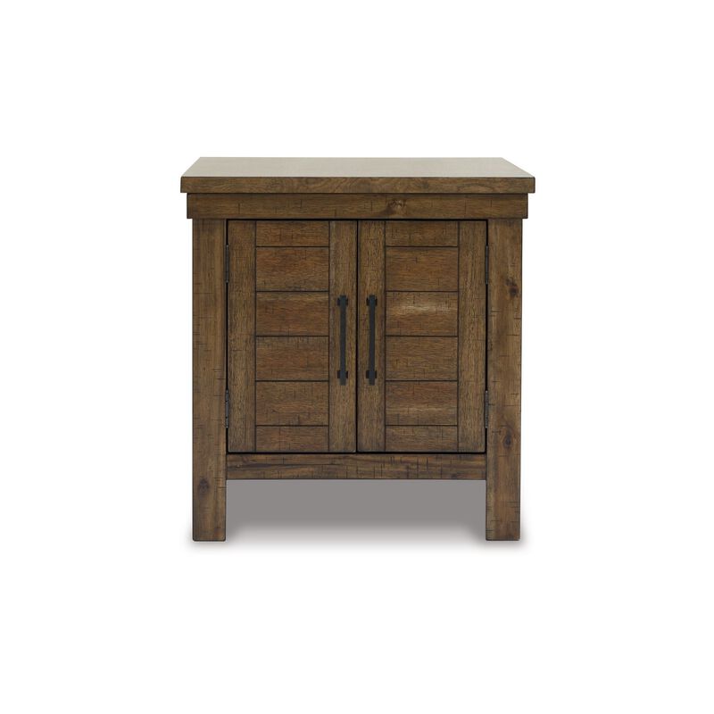 Chip Side End Table, Dual Door Cabinet, 26 Inch Rustic Brown Wood