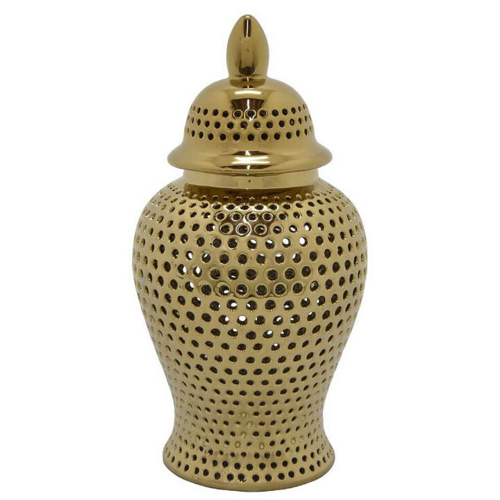 Deni 25 Inch Temple Jar, Small Carved Cut Out Lattice, Lid, Gold Ceramic - Benzara