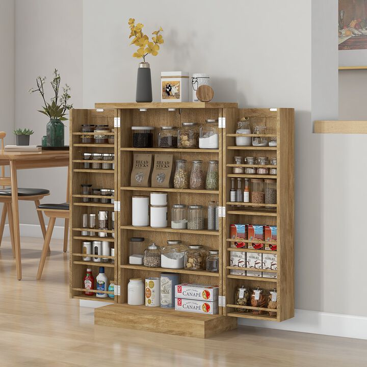 41" Rattan Kitchen Storage Cabinet, Food Pantry Cabinet with 5-Tier Shelf, 12 Spice Racks, Adjustable Shelves, Natural