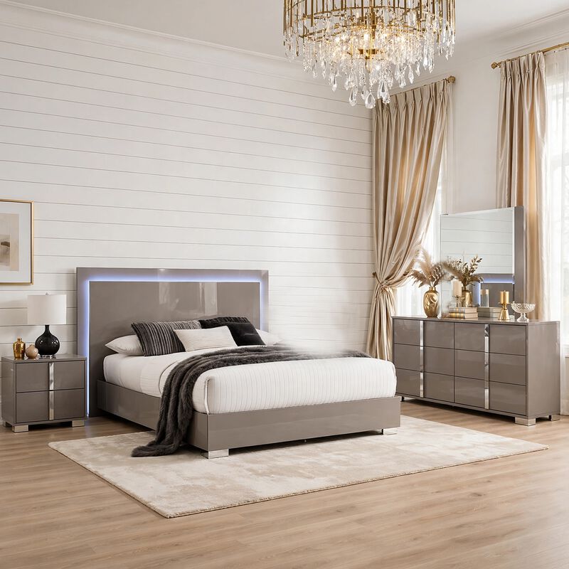 Suni 4pc Complete Queen Bedroom Set w LED Headboard, Light Taupe Gray image number 6