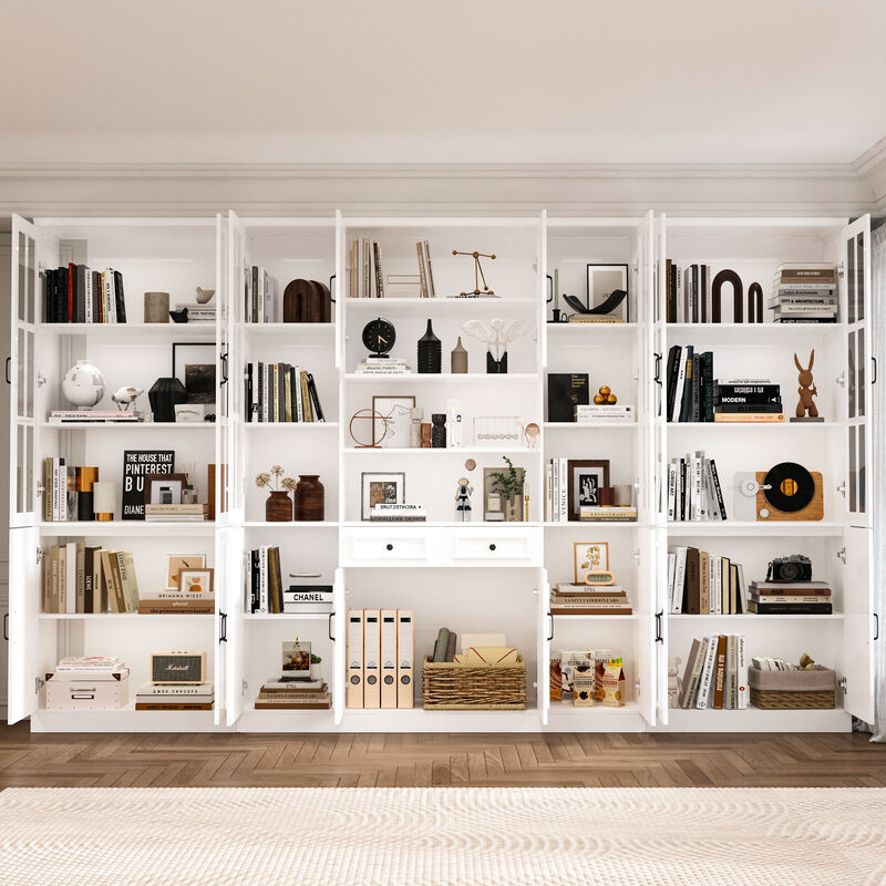 FUFU&GAGA White Bookcase Set – 2 x 4-Door Bookcases + 1 x 8-Door Bookcase with Glass Doors and Black Handles – Modern Storage and Organizing Solution, (78.7 in. H x 126 in. W x 15.7 in. D), White