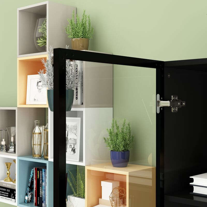 FUFU&GAGA 63" Modern Black Storage Cabinet with LED Lighting, 4 Glass Doors & 4 Drawers, P2 PB Board Media Console (63 in. W x 14.2 in. D x 78.7 in. H)