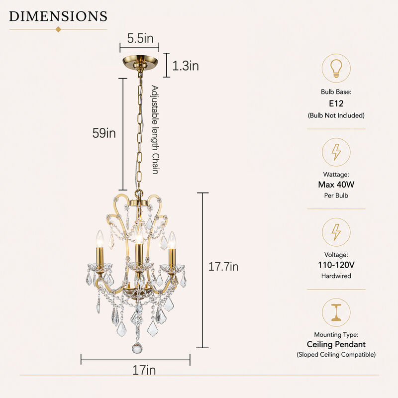 Crystal Chandelier with Brass Finish, Modern Glam 3-Light Ceiling Fixture image number 4
