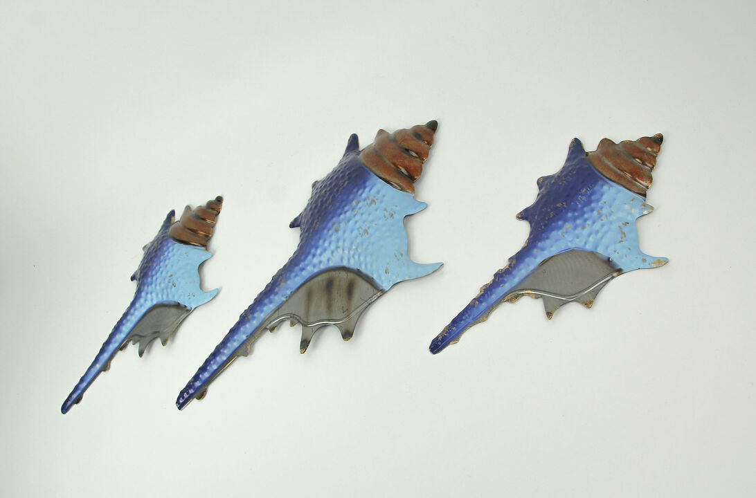 Set of 3 Blue Metal Seashell Decorations Wall Hanging Sculpture Beach Home Decor