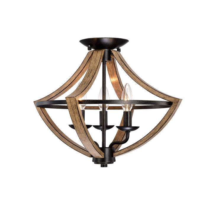 Camille Wood Grain and Antique Black Metal Semi Flush Mount