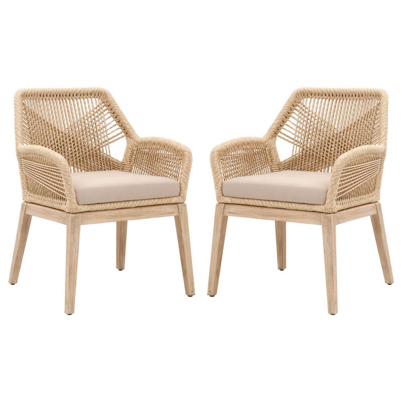 Intricate Rope Weaved Padded Arm Chair, Set of 2, Beige and Brown-Benzara