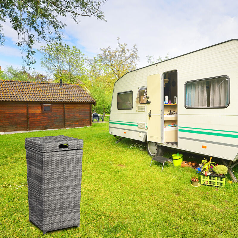 Decorative Outdoor Trash Can Rattan-Style Bin with Metal Frame & Top Cover