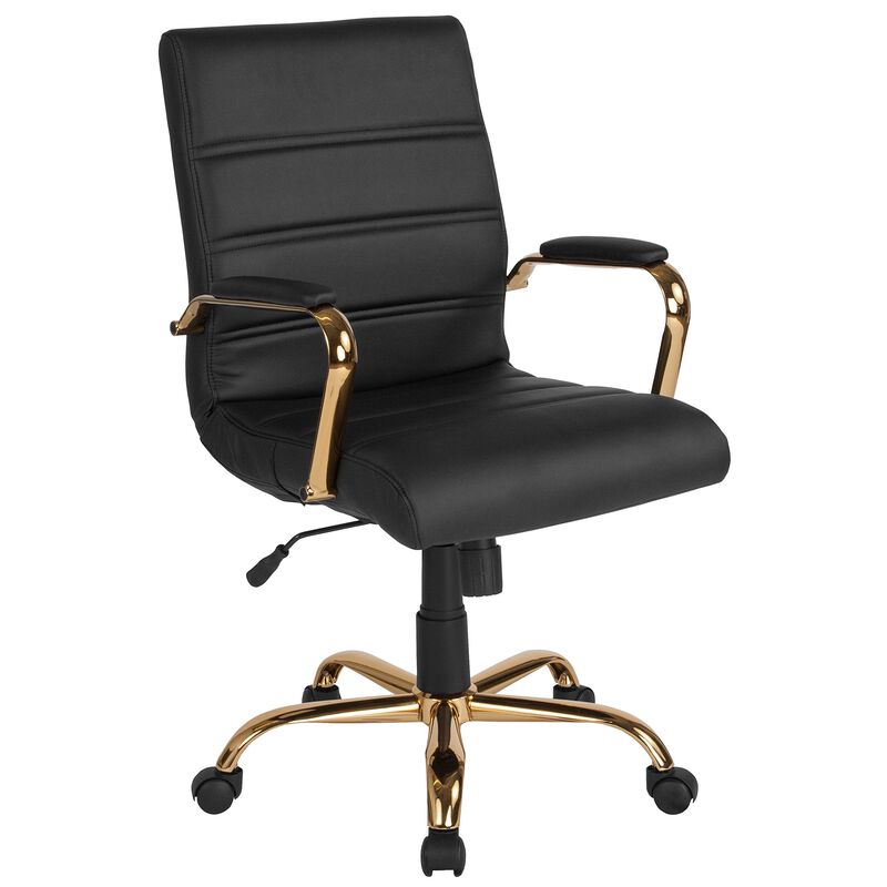 Flash Furniture Whitney Mid-Back Desk Chair - Black LeatherSoft Executive Swivel Office Chair with Gold Frame - Swivel Arm Chair image number 0