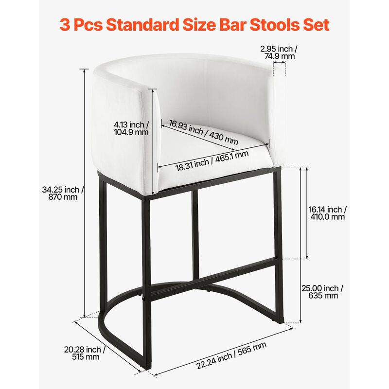 Bar Stool Set of 3 Counter Height Fabric Bar Chairs with Backrest for Kitchen Island-White image number 2