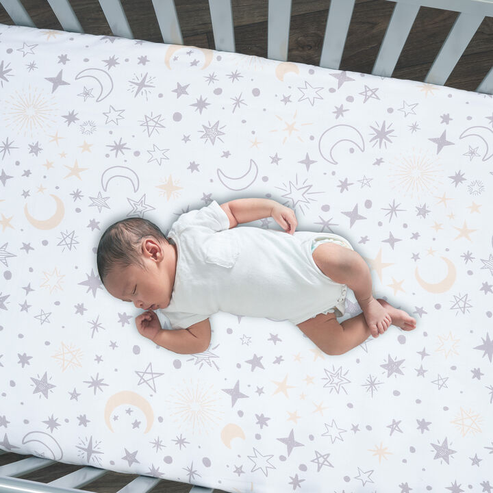 Lambs & Ivy Goodnight Moon 100% Cotton White Fitted Crib Sheet - Moon/Stars