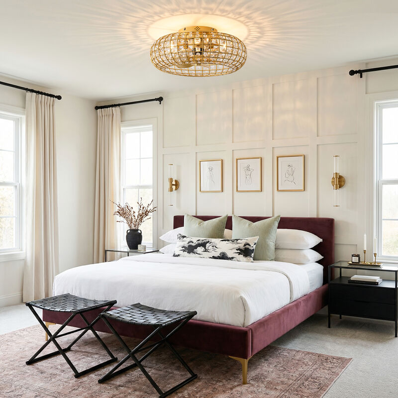 19.7" Modern Gold Crystal Reversible Caged Ceiling Fan with Light and Remote image number 2