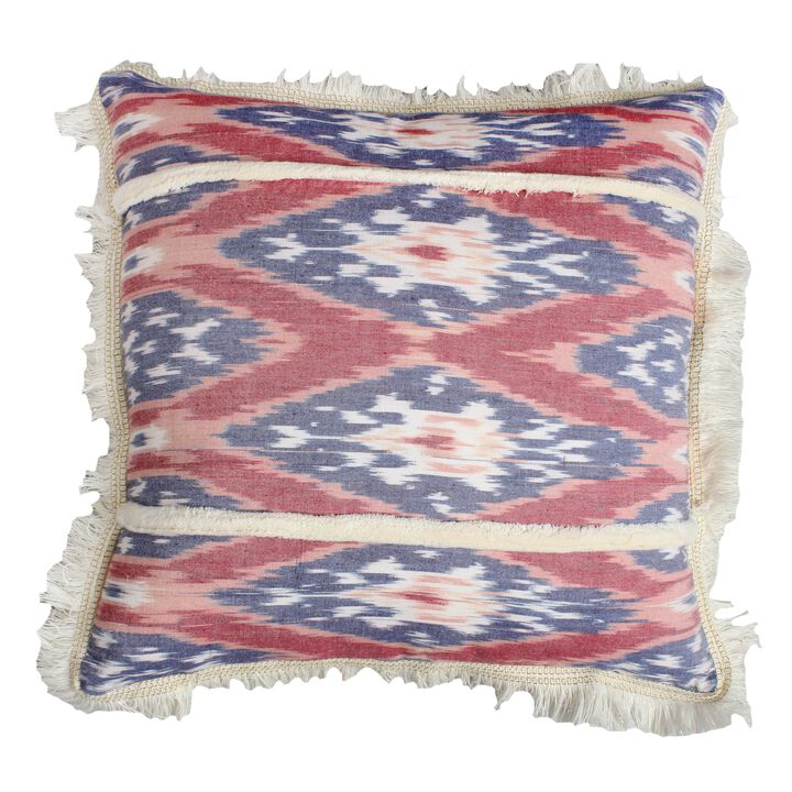 18 x 18 Handcrafted Square Cotton Accent Throw Pillow, Floral Ikat Dyed Pattern, Fringe Accent, Set of 2, Multicolor-Benzara