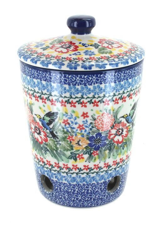 Blue Rose Polish Pottery Barnyard Rooster Garlic Keeper