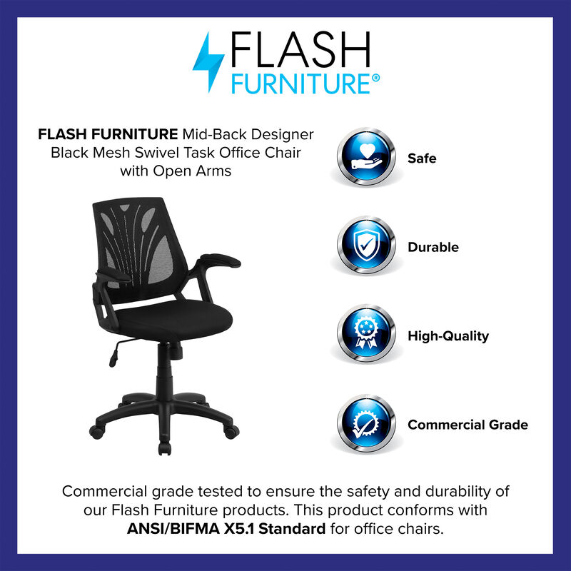 Sam Mid-Back Designer Black Mesh Swivel Task Office Chair with Open Arms image number 9