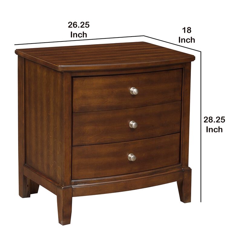 Wooden Nightstand with 3 Spacious Drawers and Knobs, Brown-Benzara