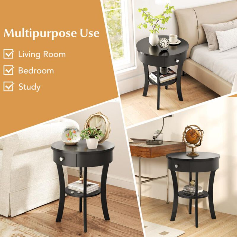 Hivvago 2-Tier Wood Round End Table with Open Drawer