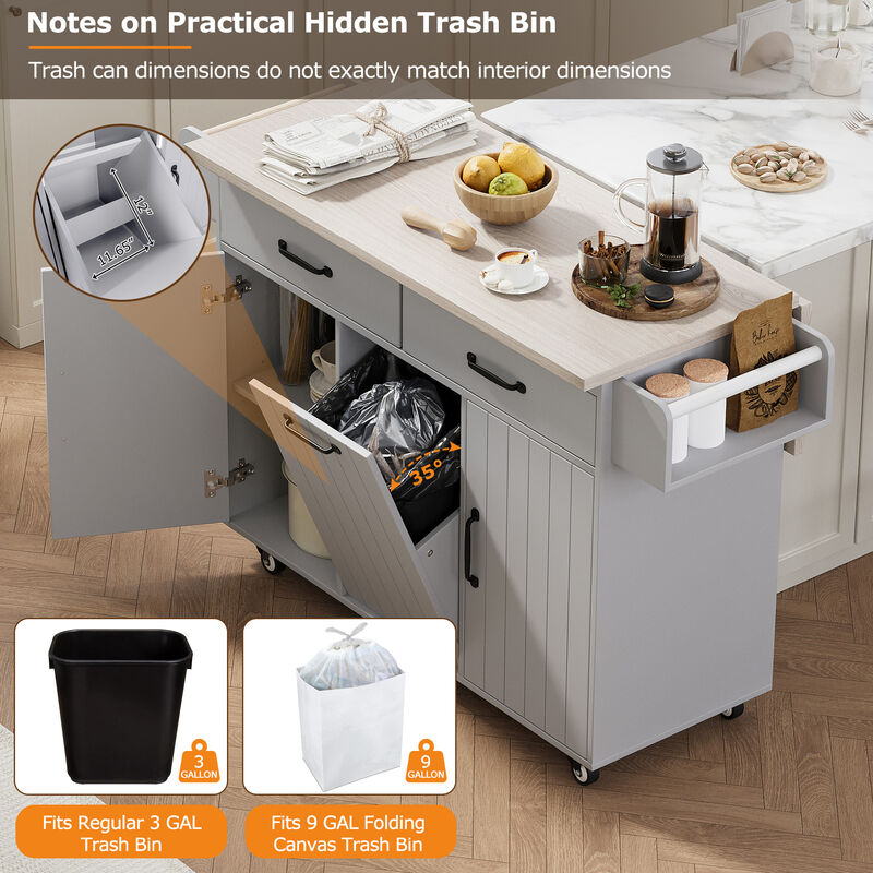 Merax Rolling Kitchen Island with Tilt-Out Trash Cabinet, Drop Leaf, 2 Drawers, 2 Cabinets image number 3