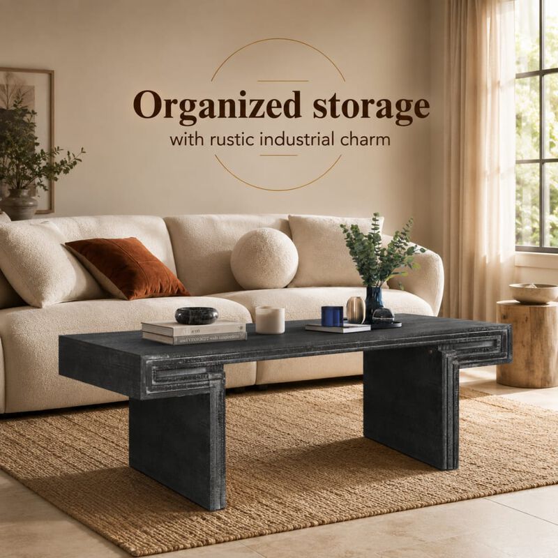 GOODSILO Vintage Industrial Rectangular Coffee Table with Double-Tier Open Shelving Reclaimed Wood Texture Rustic Finish for Living Room Home Office Use image number 4