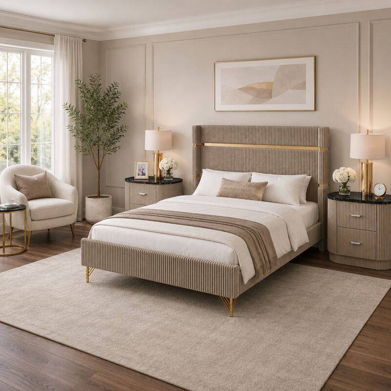 Queen Bedroom Set, Gold, Beige, Black, Silver Wood, 3 Piece Set with 2 Nightstands image number 8