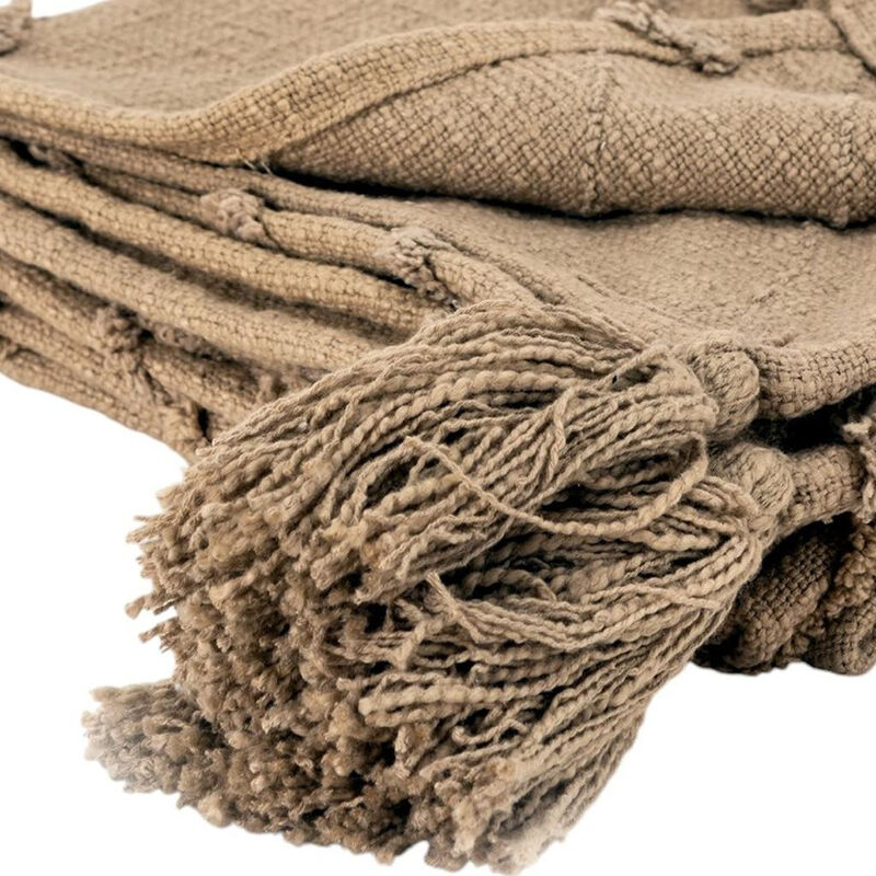 HomeRoots 50" X 60" Brown Cotton Woven Geometric Throw Blanket with Tassels image number 3