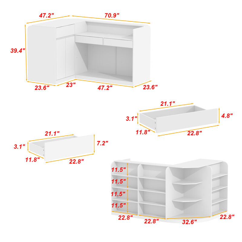 Large L-Shaped Reception Desk with 3 Drawers, 15 Open Shelves, Counter Top & Monitor Stand, Office Desk Reception Counter Table with File Cabinet, White (70.9&rdquo;L x 47.2&rdquo;D x 39.43&rdquo;H)