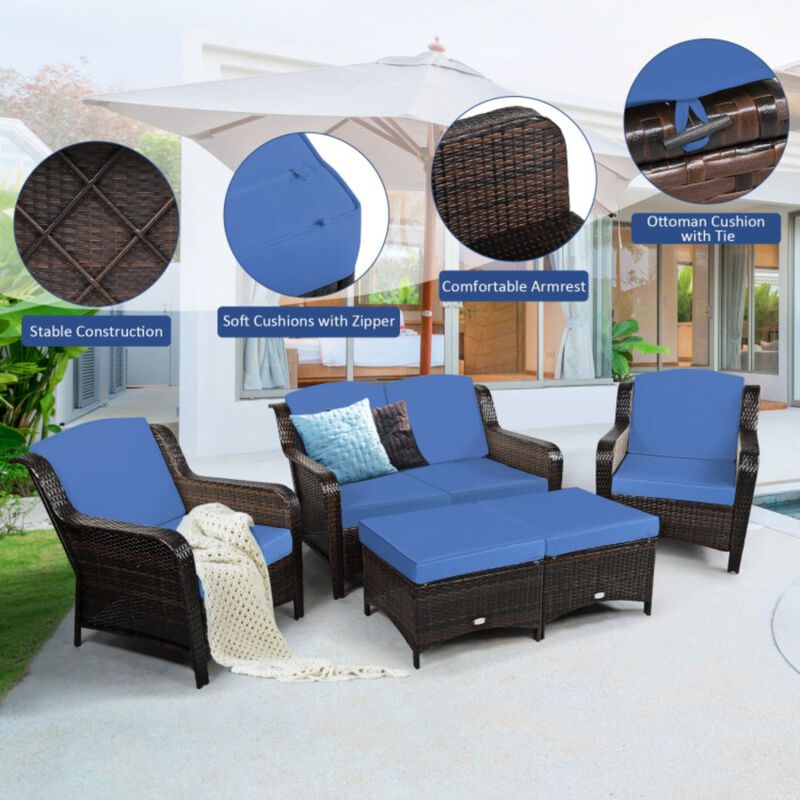5 Pieces Patio Rattan Sofa Set with Cushion and Ottoman image number 4