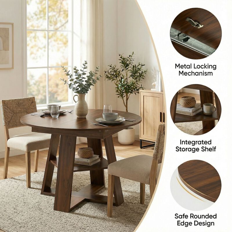 Extendable Round Dining Table for 4-8 People with Storage Shelf image number 3