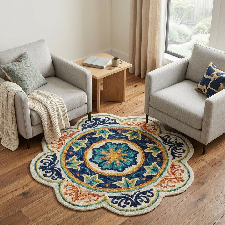 HomeRoots Round Wool Geometric Hand Tufted Area Rug