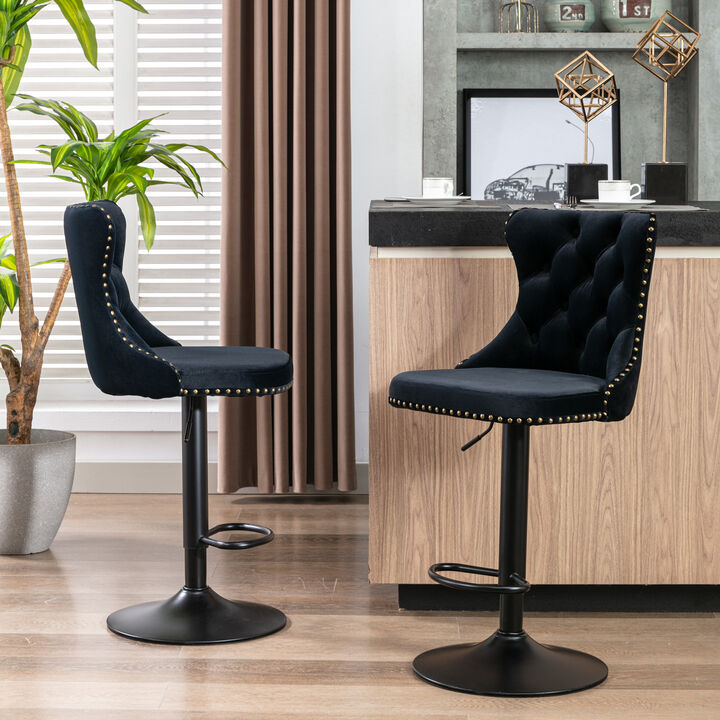 Swivel Velvet Barstools Adjusatble Seat Height from 25-33 Inch, Modern Upholstered Bar Stools with Backs Comfortable Tufted for Home Pub and Kitchen Island（Black,Set of 2）
