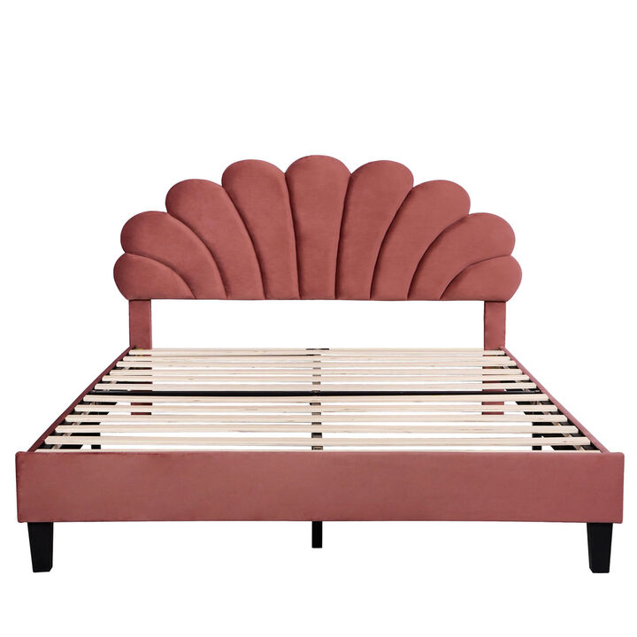 Queen Size Upholstered Platform Bed with Flower Pattern Velvet Headboard, Bean Paste Red