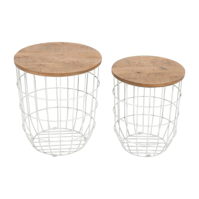 Jofran Global Archive Nested Storage Solid Wood and Metal Basket End Tables (Set of 2)