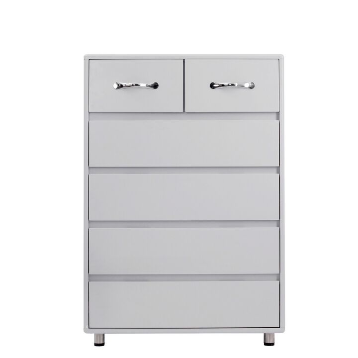 Jen 41 Inch Tall Dresser with 6 Drawers, 2 Metal Handles, Round Feet, Gray - Benzara