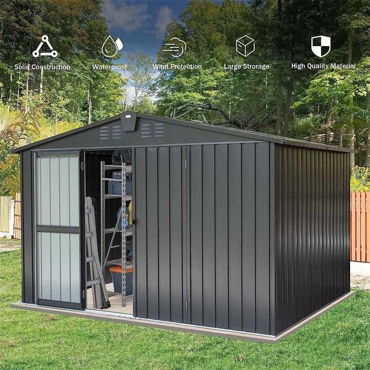 CLIHOME 10x8Ft Outdoor Metal Storage Shed,Patio Galvanized Steel Outdoor Storage Cabinet with Lock