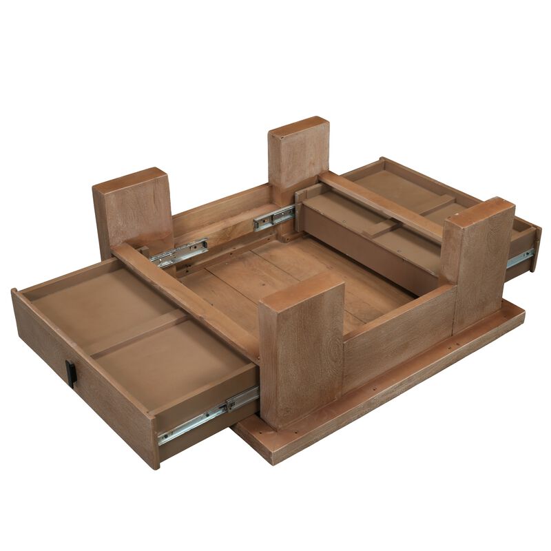 Les 36 Inch Square Coffee Table with Panel Legs, 2 Storage Drawers, Matte Brown Mango Wood, Black Handles image number 3
