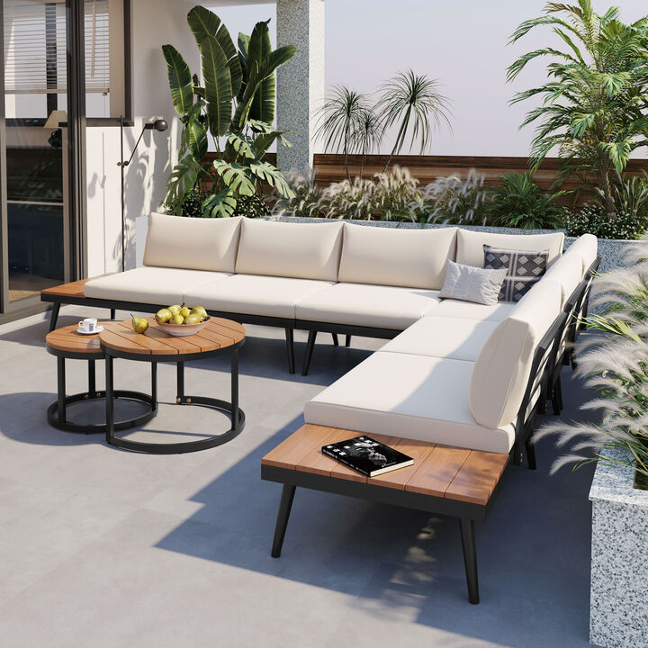 Whisen 6-Piece Outdoor Sectional Sofa Set with Round Nesting Coffee Tables and Seating Sofa with Cushions