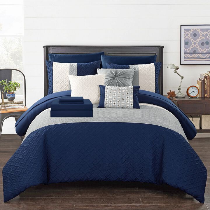 Chic Home Karras Embroidered Design Bed In A Bag Sheets 10 Pieces Comforter Decorative Pillows & Shams - Twin 66x90, Navy