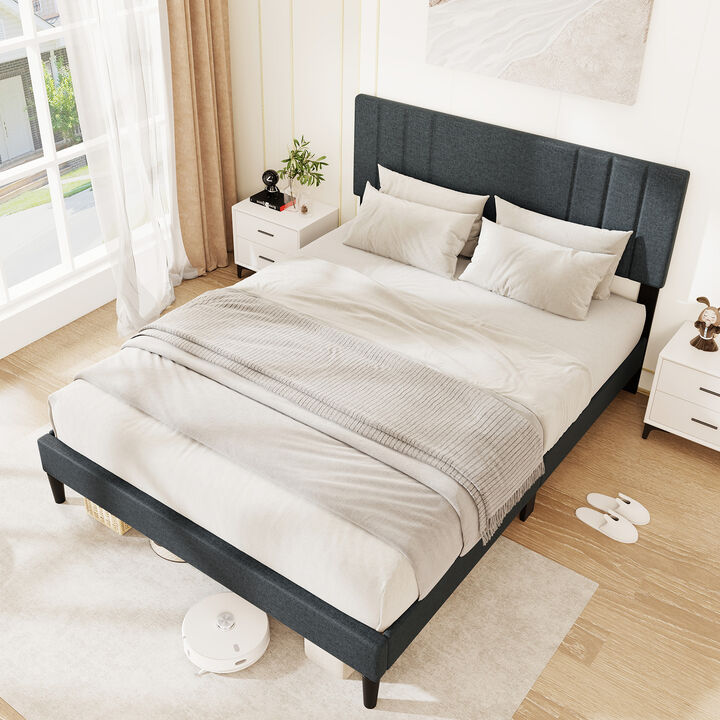 Bed Frame with Vertical Channel Tufted Headboard and Sturdy Wooden Slats
