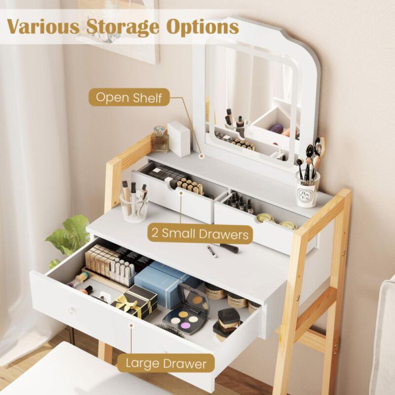Hivvago Adjustable Height Vanity Desk Set with 3-Color LED Lighted Mirror and Drawers