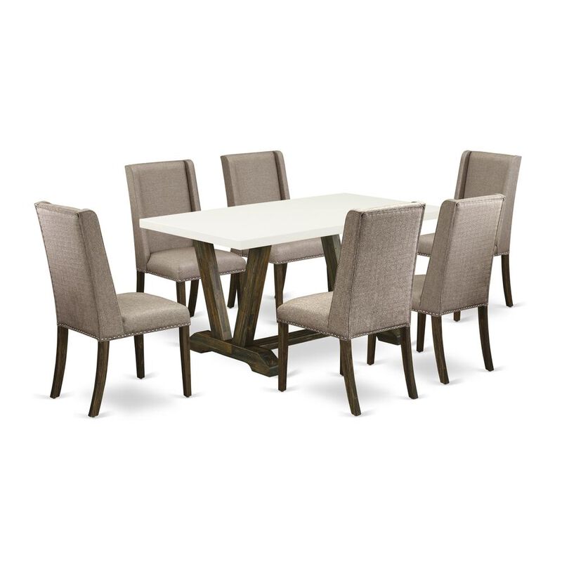 East West Furniture V726FL716-7 - 7-Piece Small Dining Table Set - 6 Upholstered Dining Chairs and Dining Table Solid Wood Frame