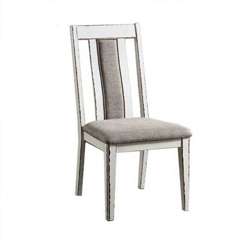 24 Inch Dining Side Chair Set of 2, Rustic White Wood, Gray Fabric Seat - Benzara