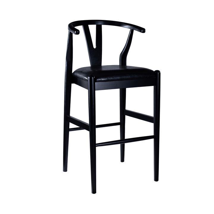 Cera Barstool Chair Set of 2, Rich Faux Leather Seat, Black Rubberwood - Benzara