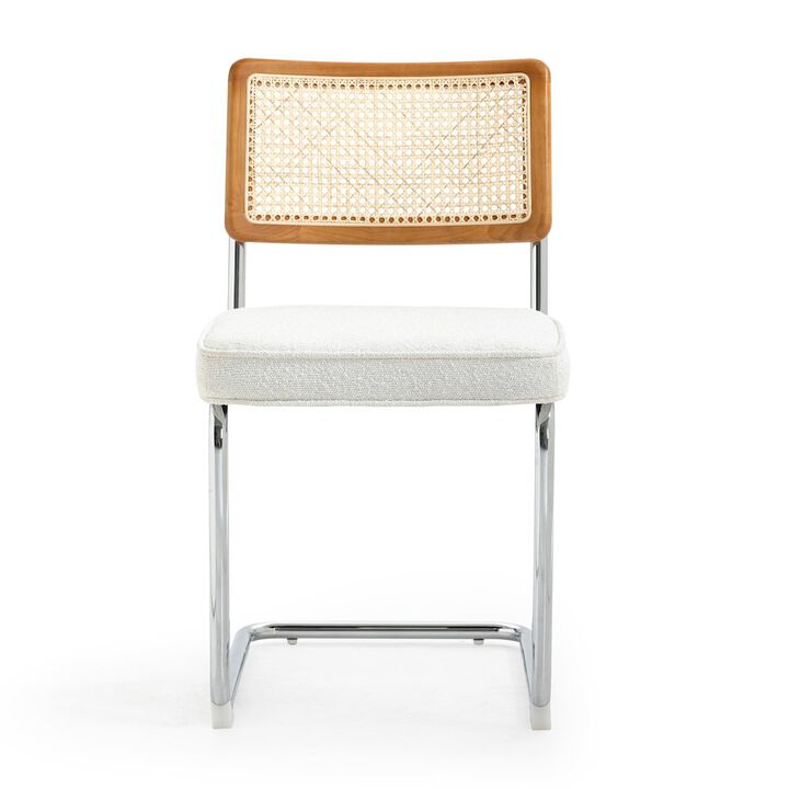 Glamour Home Set of 2 White Boucle Fabric Dining Chair Rattan Backrest and Chrome Legs